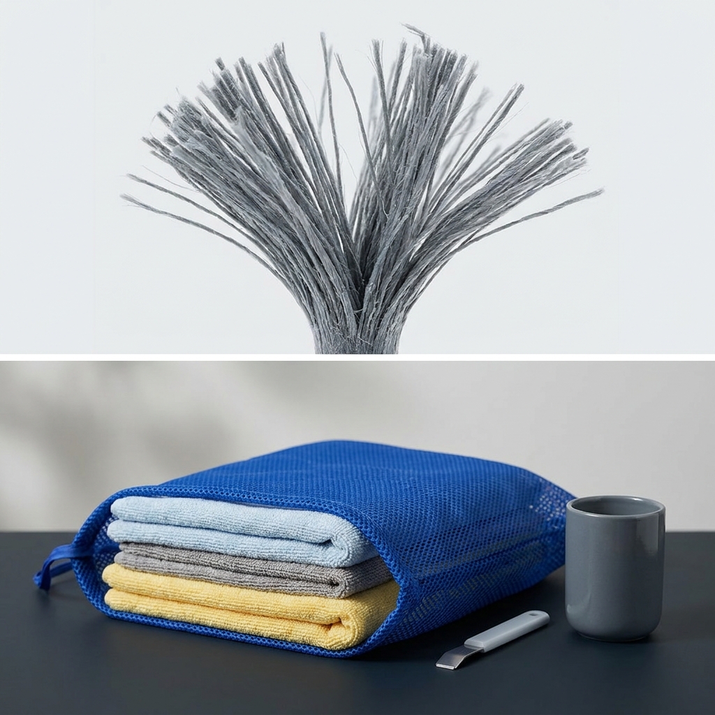 Close up macro of split microfiber fibers and sorted towels in mesh bags on Chalk background with graphite and cobalt accents showing how to wash microfiber towels