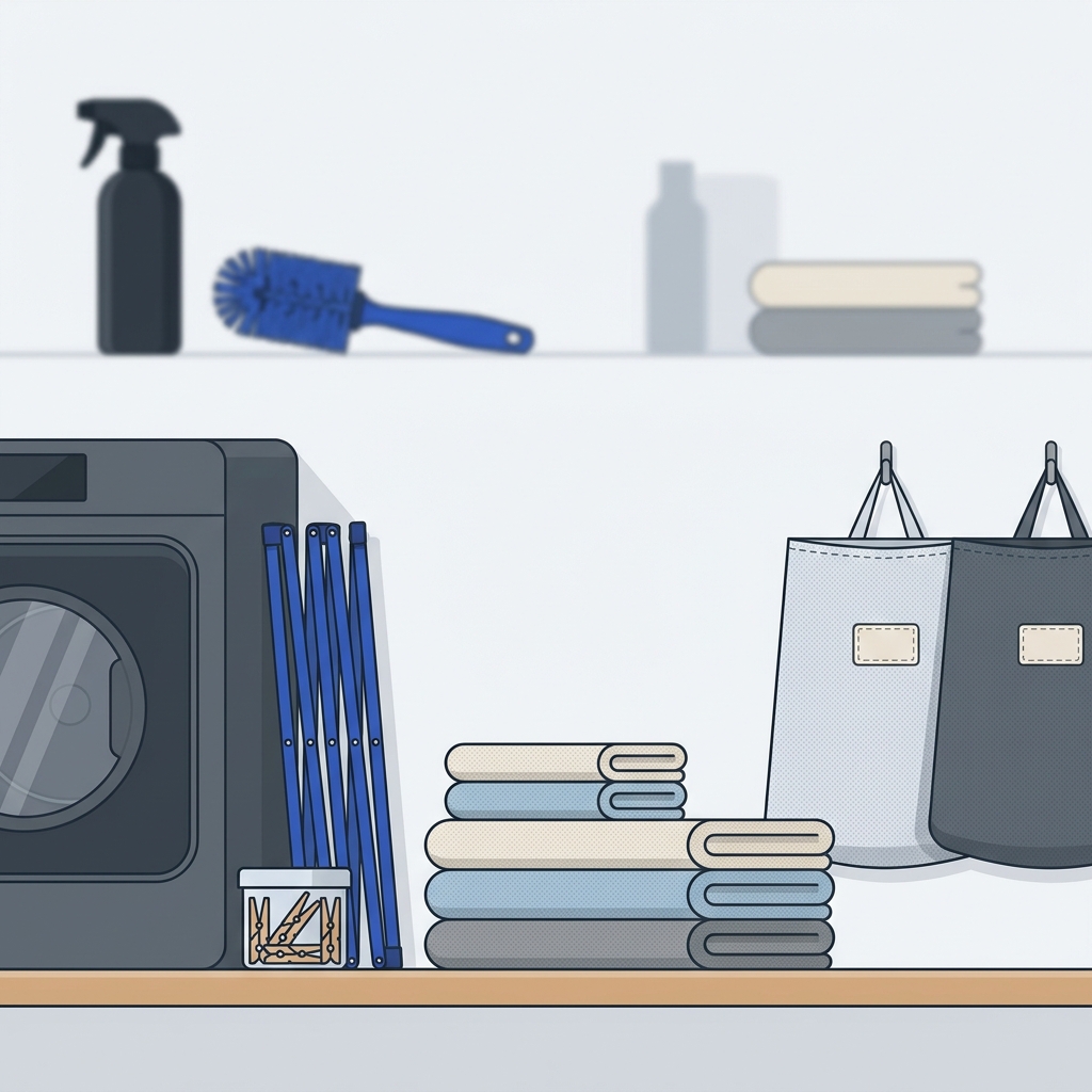 How to wash microfiber towels 2D vector showing garage shelf with dryer and air dry setup folded microfiber towels breathable storage bags with stitched blank tags in Driven and Kept palette