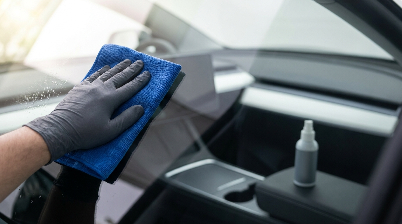 Close up inside view of a person cleaning a car windshield with microfiber cloths under soft natural light highlighting streak free clarity and hand motion with graphite and cobalt accents how to clean car windshield inside streak free
