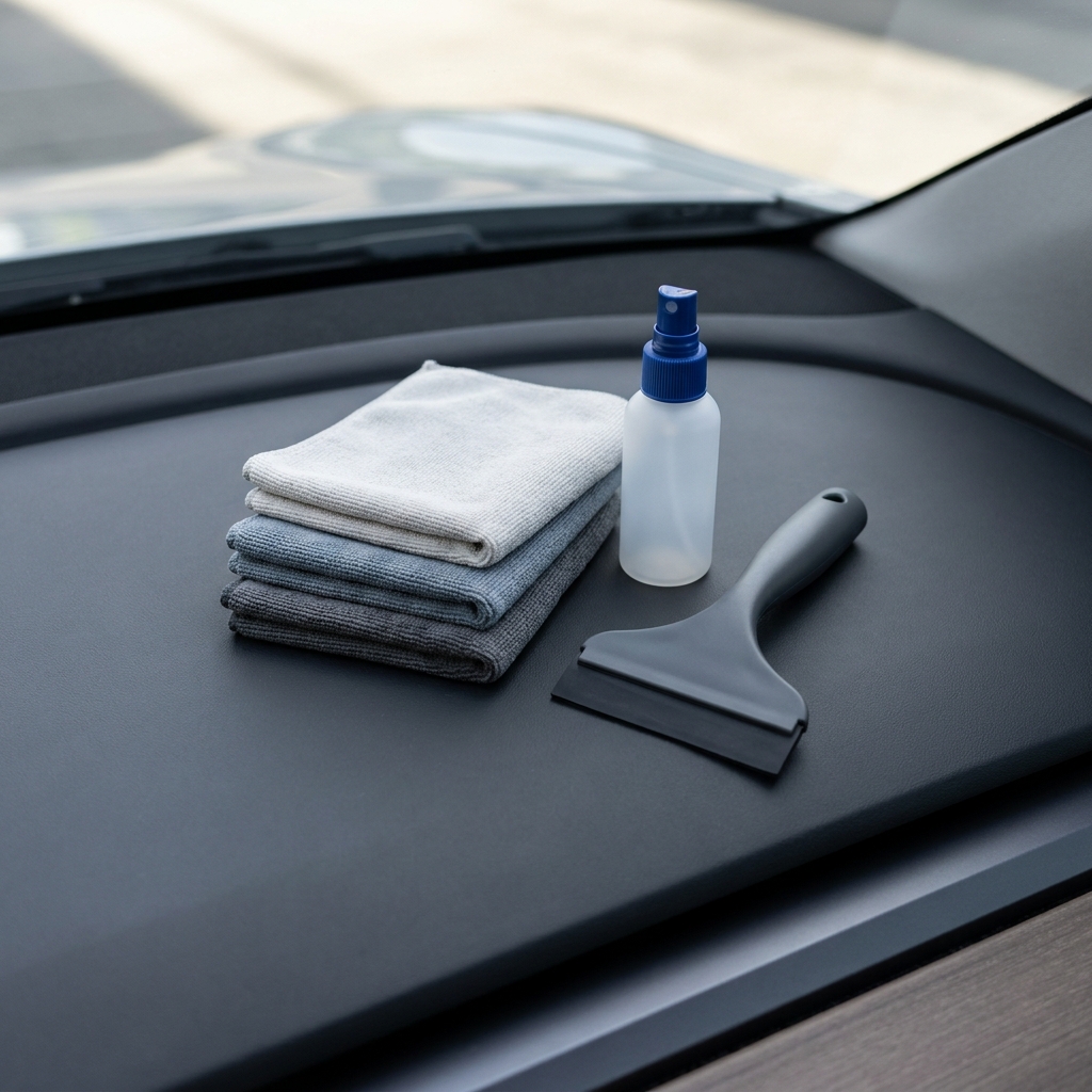Overhead view of microfiber cloths spray bottle and squeegee on car dash with graphite and cobalt accents showing how to clean car windshield inside streak free