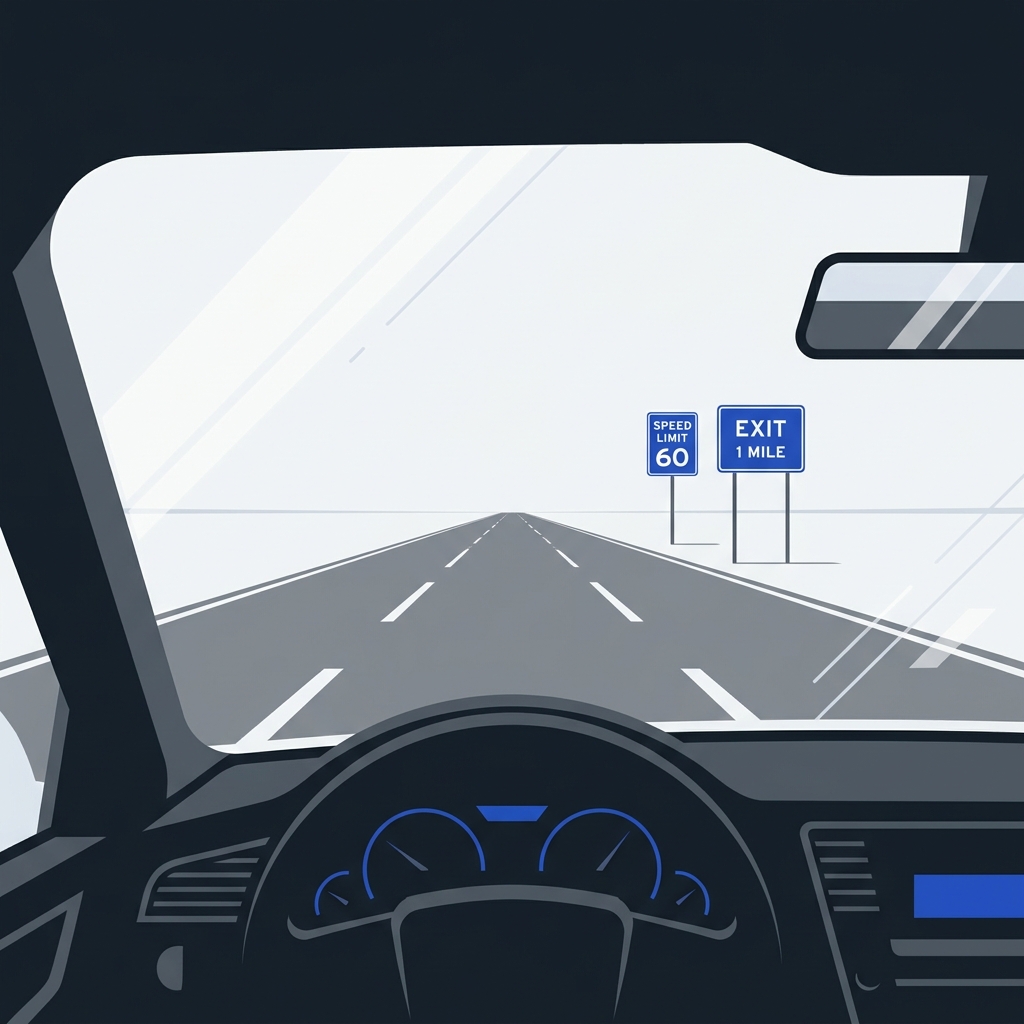 2D vector illustration showing driver sightline through a freshly cleaned car windshield with a crisp road and clear signage minimal dashboard in Driven and Kept graphite and cobalt palette how to clean car windshield inside streak free