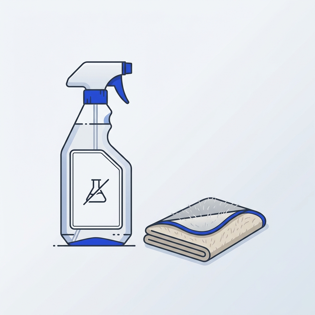 Minimal 2D vector of a glass cleaner bottle label with ammonia free icon next to folded microfiber cloth on light neutral background how to clean car windshield inside streak free