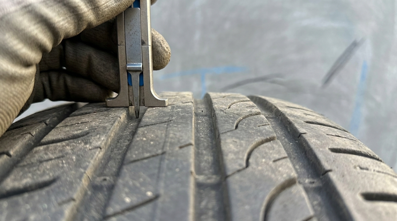 Close-up of a tire tread with a pocket tread depth gauge probe seated in a groove, focused on probe tip and tread edges, graphite and cobalt accents