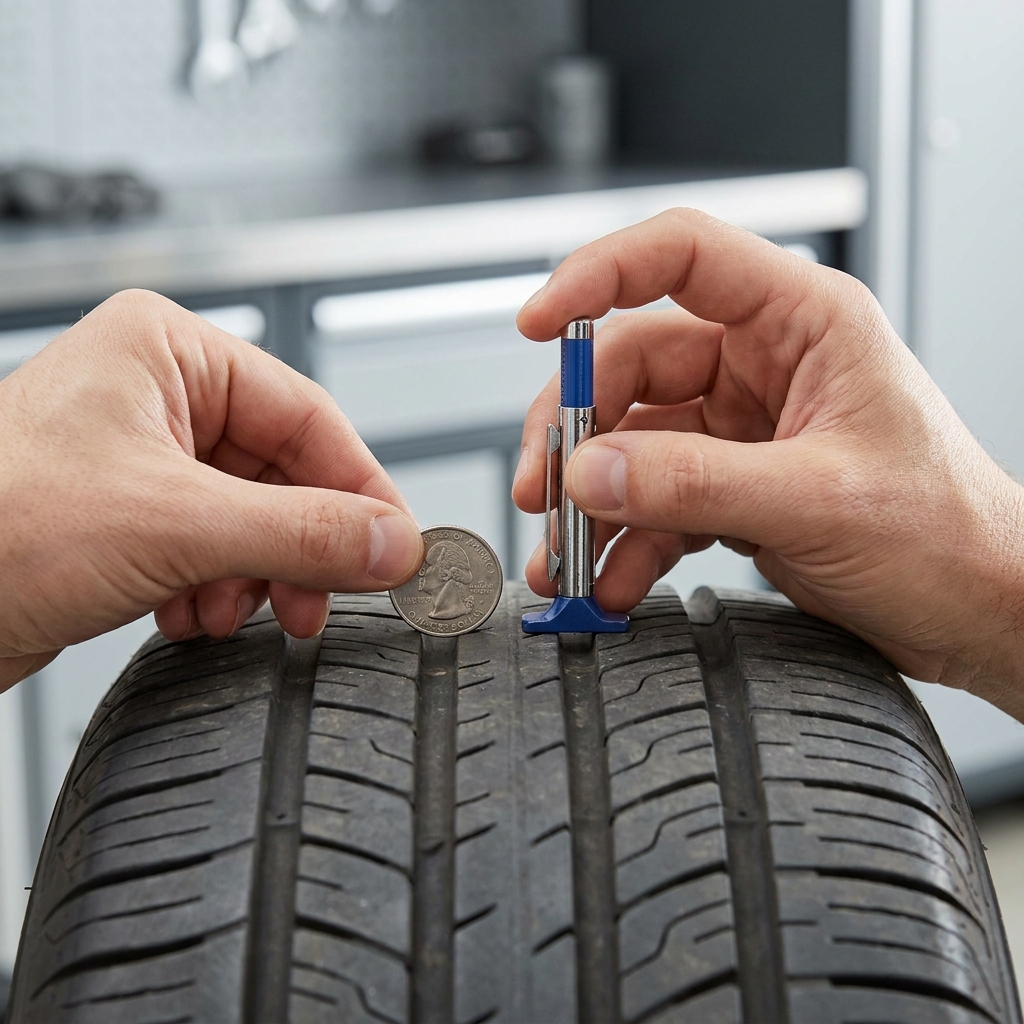 Hands using a quarter and pocket tread depth gauge on a tire to show how to check tire tread depth, close up with coin head and grooves in sharp focus, minimalist graphite and cobalt background