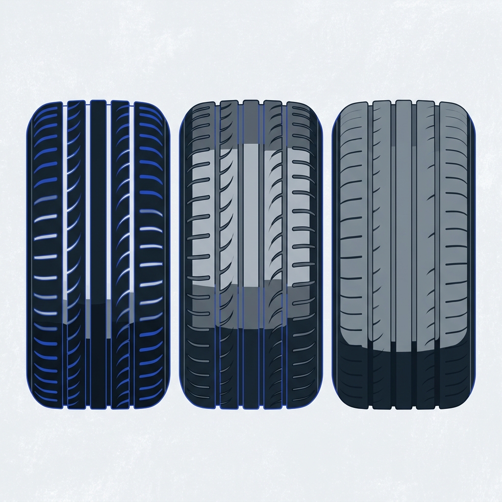 2D vector side by side comparison of deep midlife and worn tire treads on a chalk F3F5F7 background with graphite 141D27 cobalt 244CCA steel E4E9F0 and smoke 56616E accents how to check tire tread depth