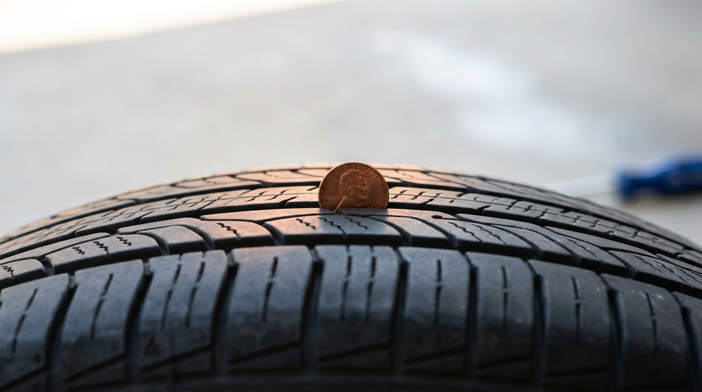 Close up of a car tire tread with a penny inserted in the central groove showing how to check tire tread depth in a minimalist graphite and cobalt editorial composition