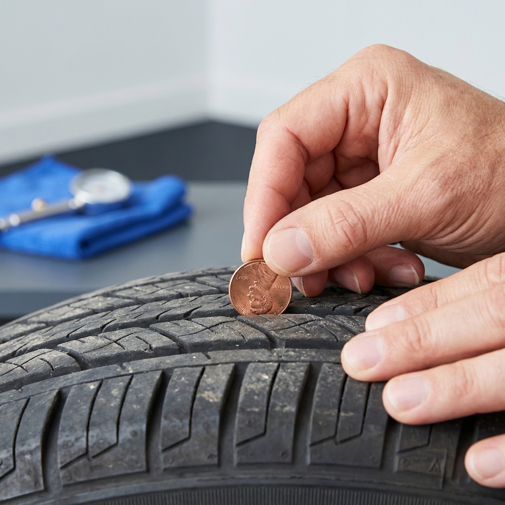 Hands inserting a penny head first upside down into a car tire tread groove in a neutral garage setting showing how to check tire tread depth with graphite and cobalt accents