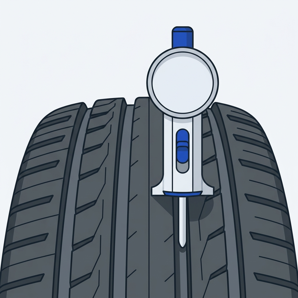 Vector close up of a tread depth gauge held next to a car tire groove in a clean minimalist composition using Driven and Kept colors no visible numbers how to check tire tread depth