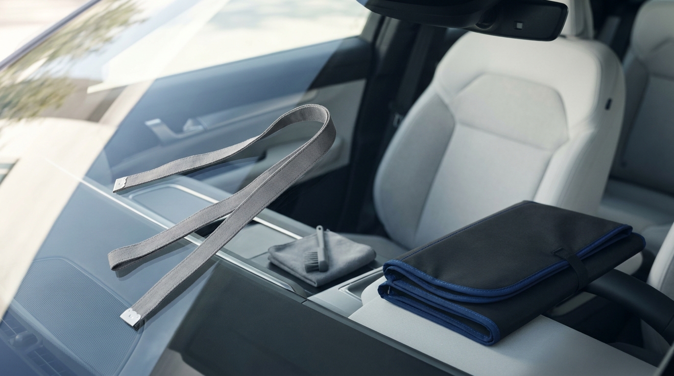 Car windshield being measured with a fabric tape and a folded graphite and cobalt sunshade on the passenger seat showing how to choose car sunshade size