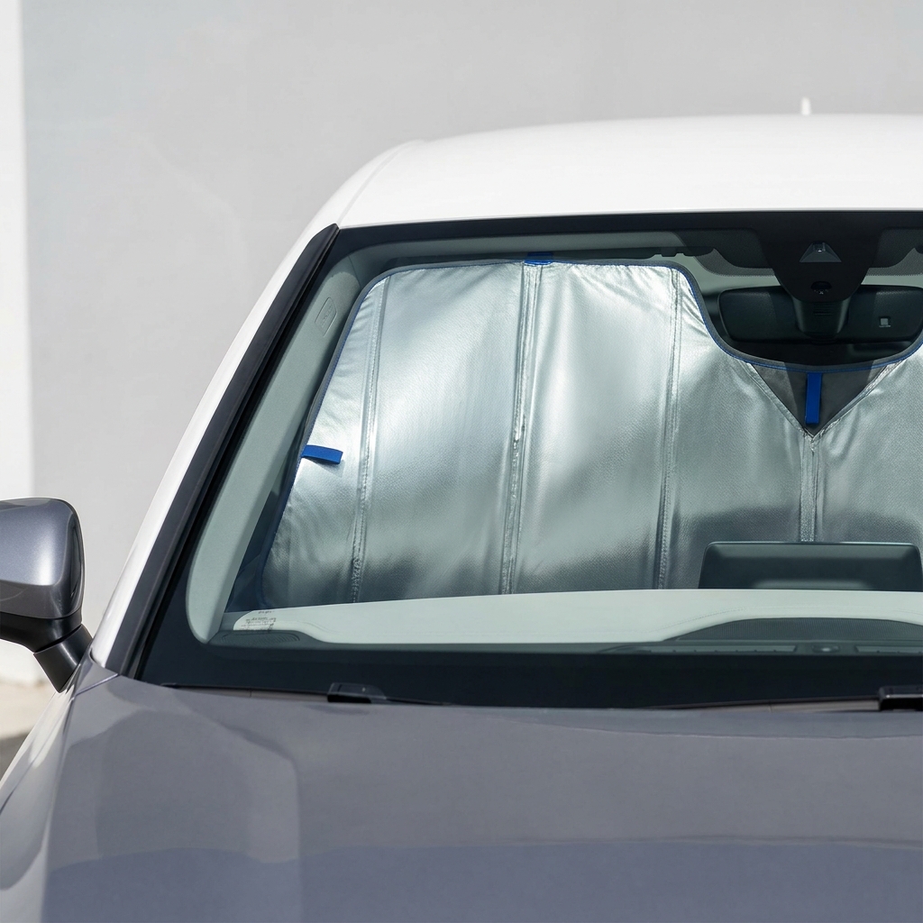 Reflective folding sunshade partially deployed on a sedan windshield with graphite trim cobalt highlights and clean dashboard background showing how to choose car sunshade size