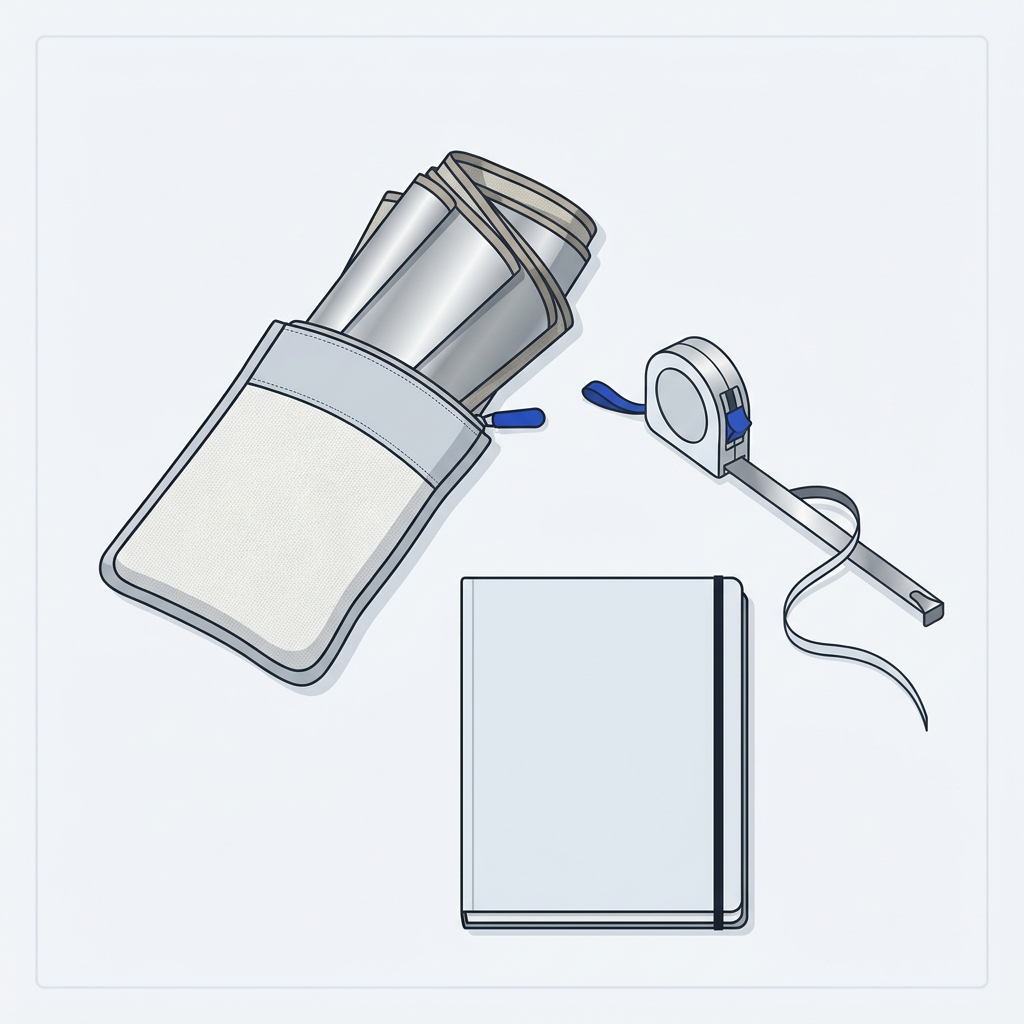 Top view 2D vector of a folded pop up sunshade in a storage pouch beside a tape measure and blank notebook on a minimalist car interior showing how to choose car sunshade size