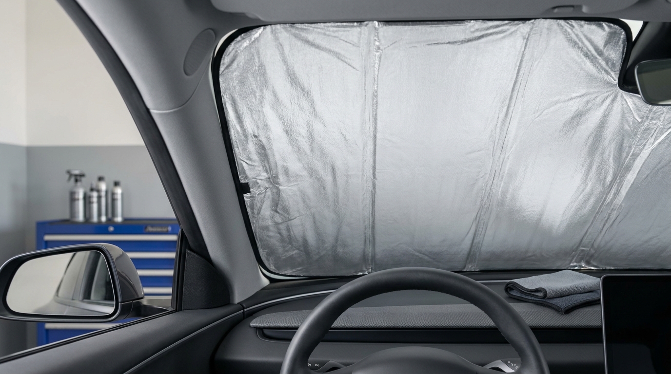 Silver reflective sunshade behind windshield showing fit at A pillars and dashboard in soft light with graphite and cobalt accents how to choose car sunshade size