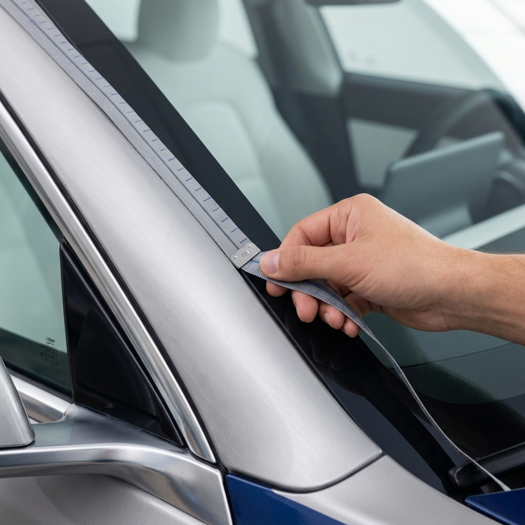 Close up of a flexible tape measure held at the A pillar intersection across a car windshield showing the measurement process how to choose car sunshade size with graphite and cobalt accents