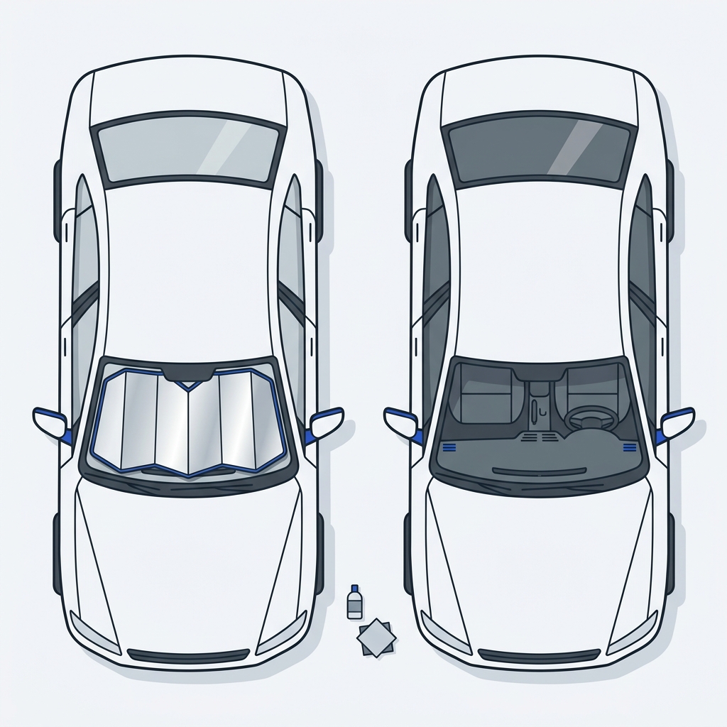 Minimal 2D vector side by side comparison of two identical cars showing sunshade orientation and dashboard coverage one with reflective silver side out and one reversed in graphite and cobalt palette how to choose car sunshade size