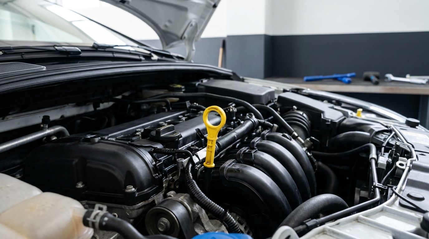 Close overhead photo of an open car hood showing the engine bay with dipstick handle in focus how to check engine oil level with graphite and cobalt brand color accents