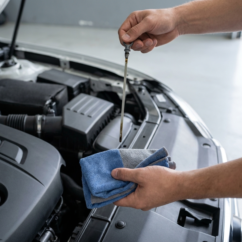 Close up of driver reading dipstick to show how to check engine oil level on level ground with a rag in hand minimal graphite and cobalt styling