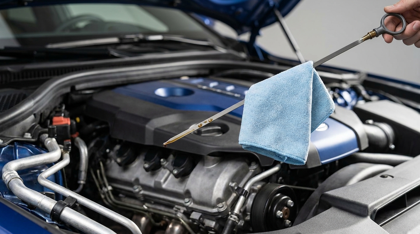 Close up full frame photo of an open car hood focusing on the dipstick handle and a clean rag illustrating how to check engine oil level in a minimalist graphite and cobalt style