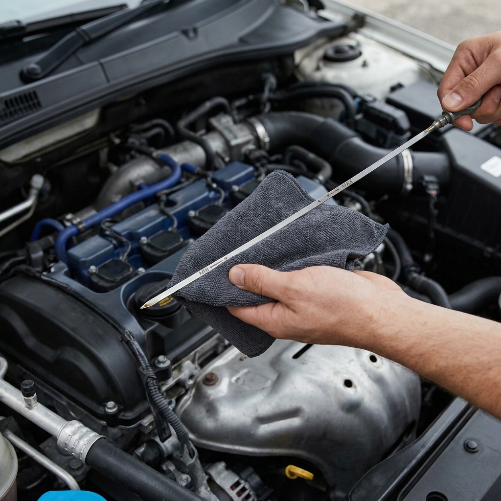 Top down photo of hand pulling an engine dipstick wiped with a microfiber cloth showing clear markings over a clean engine bay with graphite and cobalt tones how to check engine oil level