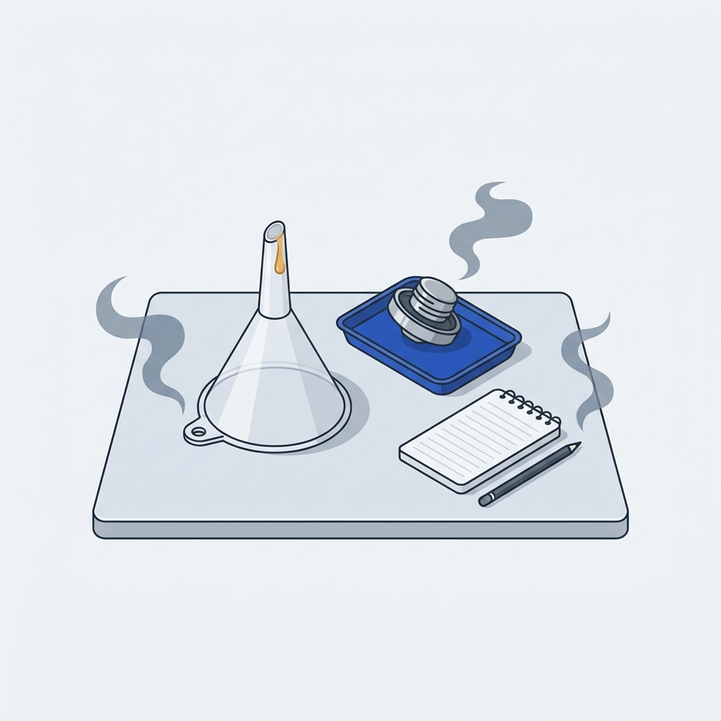 Minimalist 2D vector illustration of a funnel with amber oil drip oil filler cap and blank notebook with pencil on a neutral workshop surface showing how to check engine oil level