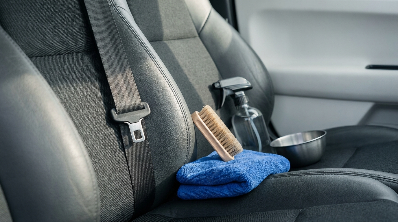 Close full frame photograph of a car seat with visible seat belt webbing and unbranded cleaning tools nearby on graphite and cobalt accents how to clean car seat belts