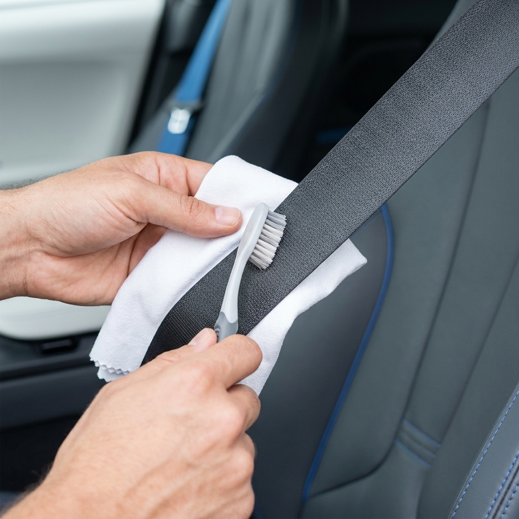 Close up of hands cleaning car seat belt webbing with a microfiber cloth and soft toothbrush inside a clean vehicle interior in graphite and cobalt accents how to clean car seat belts