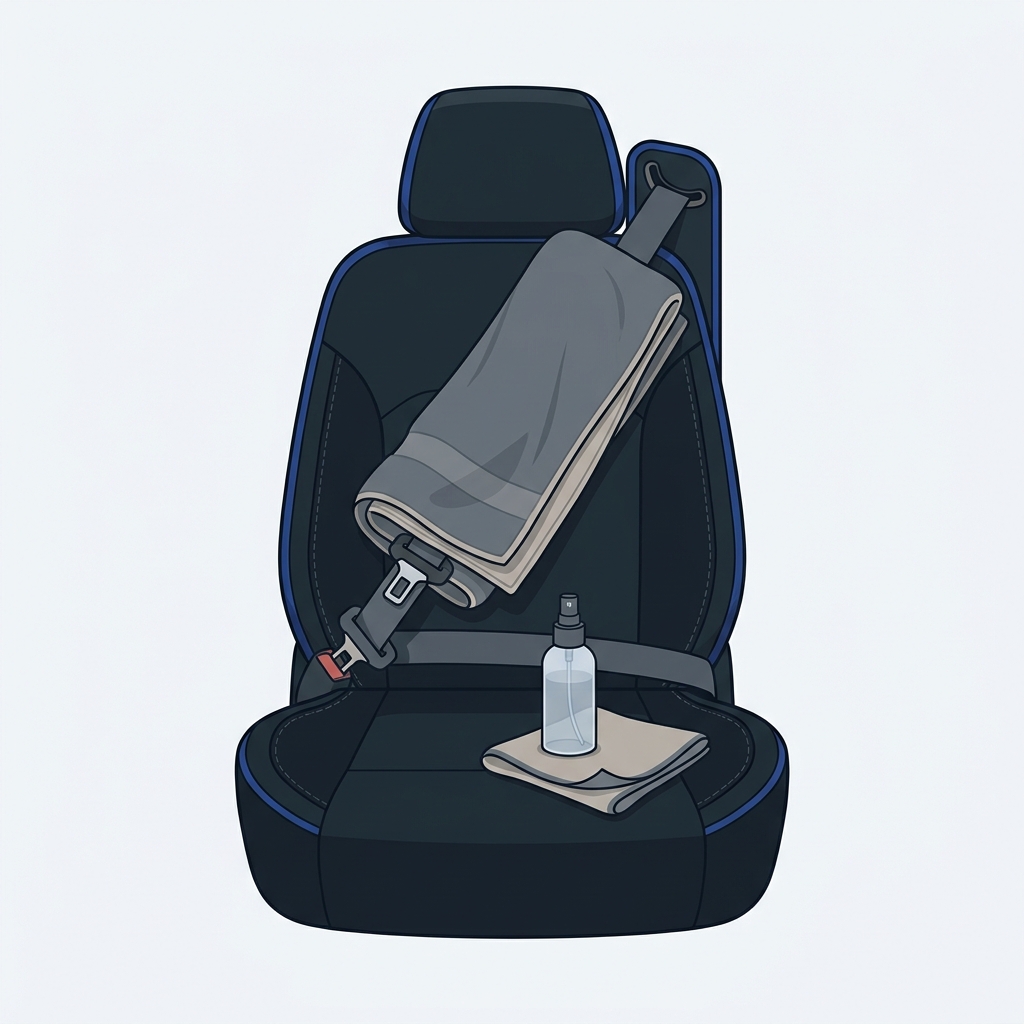 Minimalist 2D vector illustration showing a towel protecting the seat belt retractor with a small spray bottle and cloth on a car seat on a chalk background, how to clean car seat belts