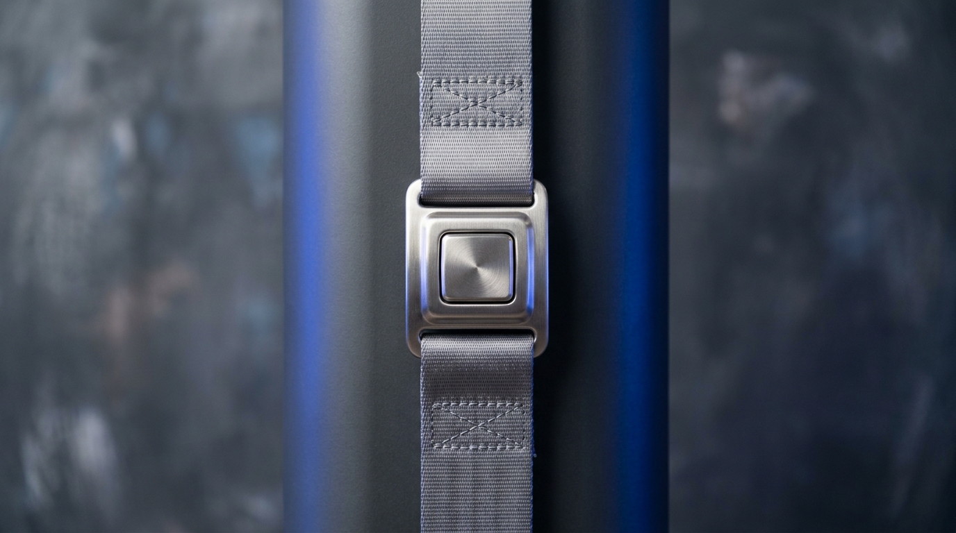 Close-up photo of a clean car seat belt's nylon webbing and brushed metal buckle on a graphite background with cobalt accent lighting, showing texture and stitching