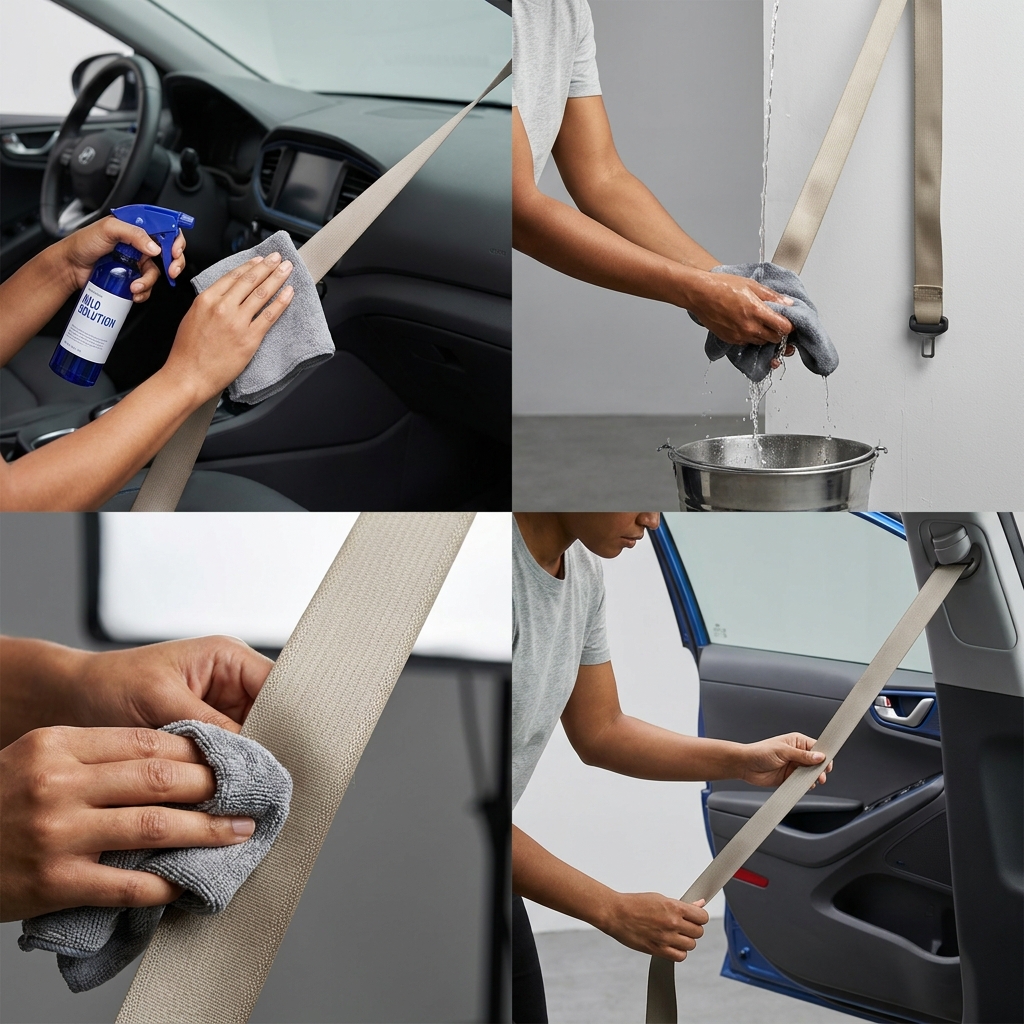Person gently cleaning an extended car seat belt with a microfiber cloth and mild solution inside a modern car interior in graphite and cobalt tones how to clean car seat belts