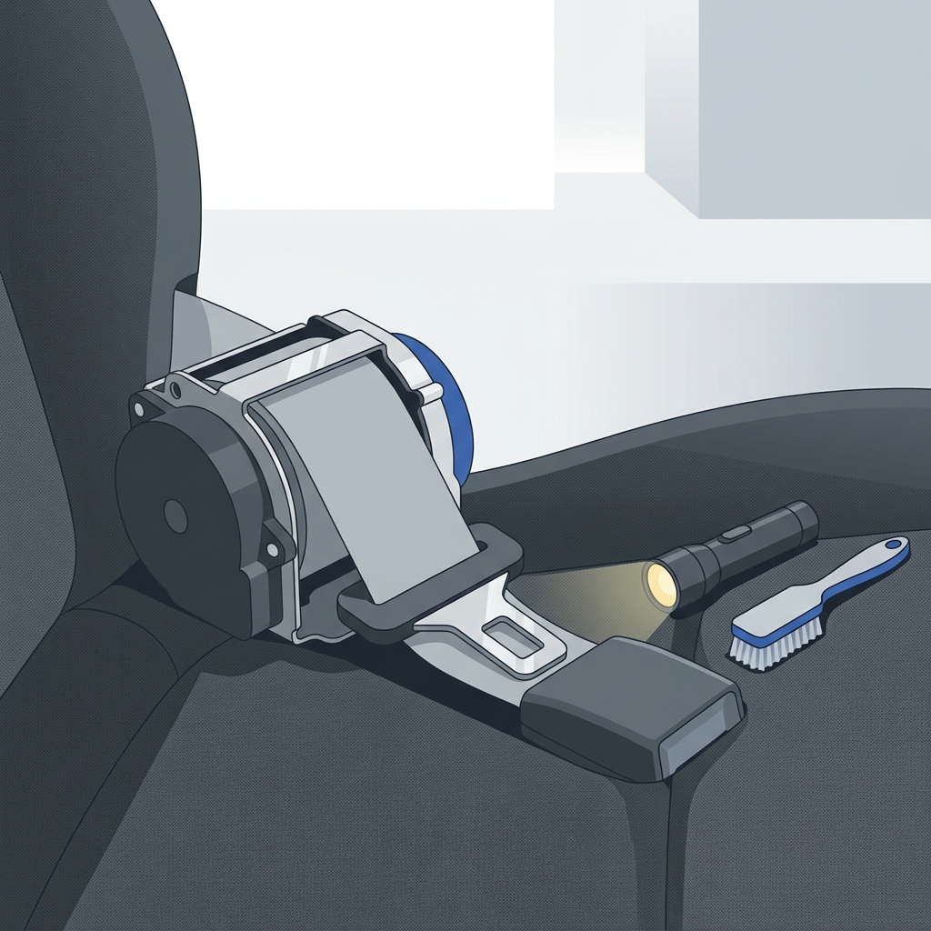 Vector close up of a car seat belt retractor area and buckle with a flashlight beam and soft brush nearby illustrating inspection posture how to clean car seat belts