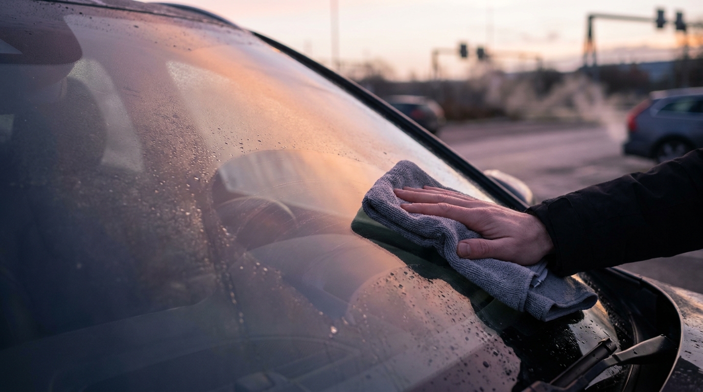 Parked car with condensation on the windscreen and a cleaning cloth