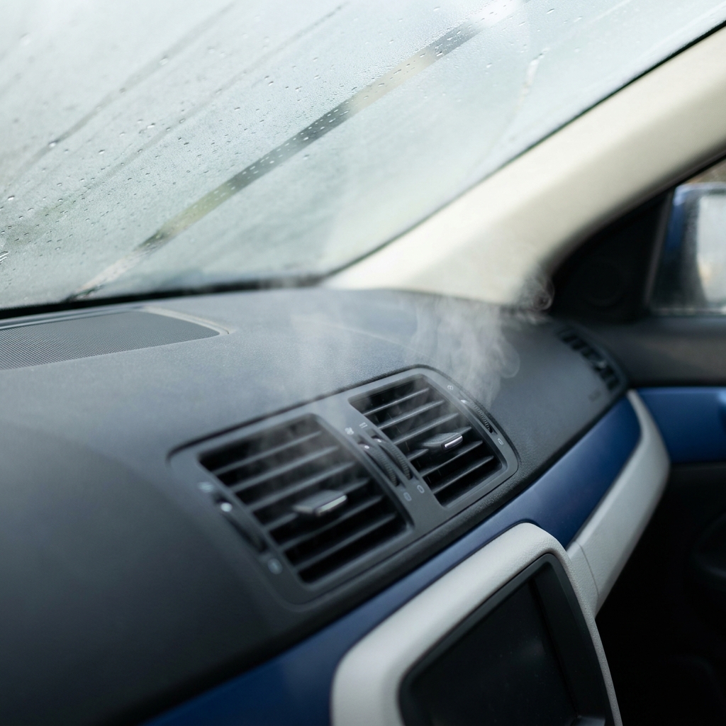 Illustration of dashboard demist vents directing air towards a windscreen
