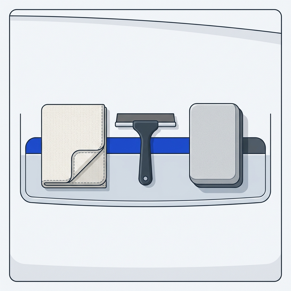 Illustration of a cloth, demist pad and small squeegee beside a dashboard