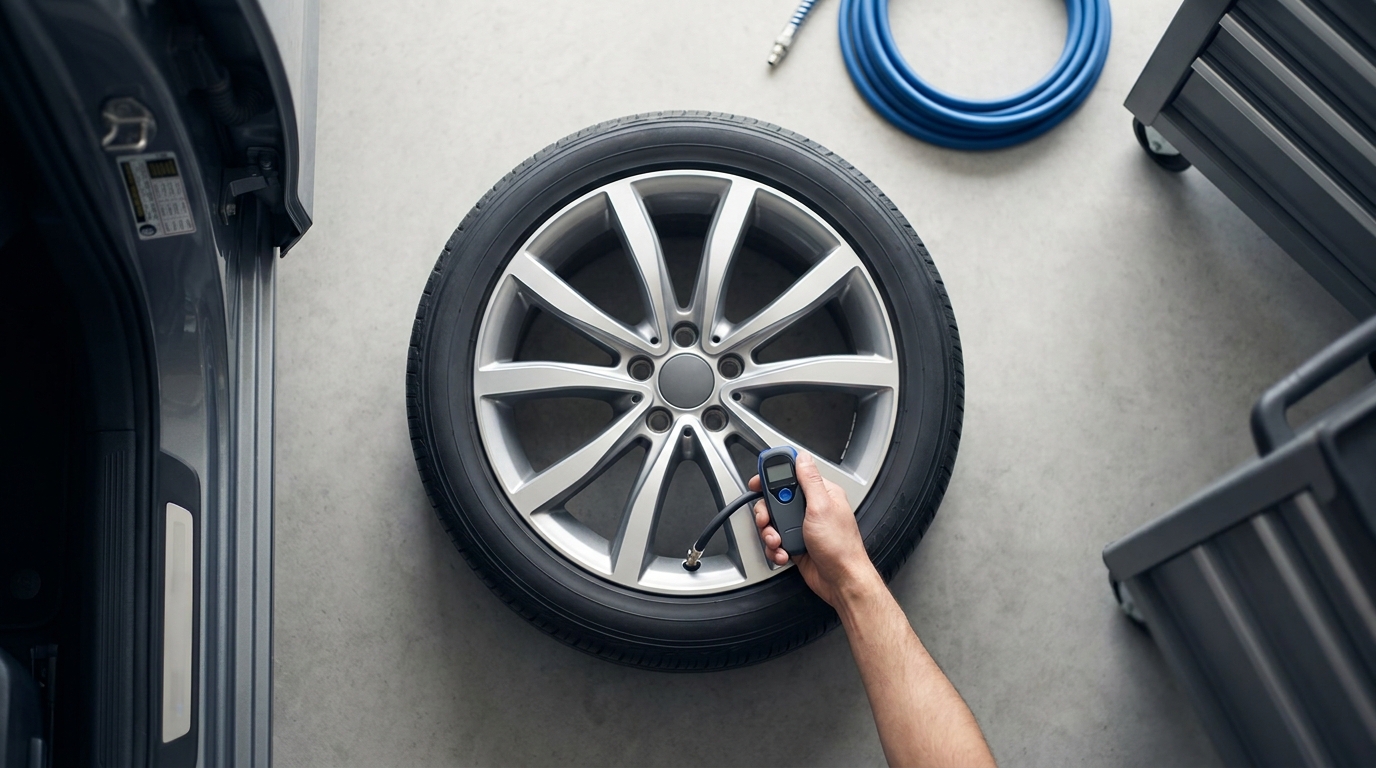 Overhead close photograph of a hand using a compact digital gauge on a car tire valve stem with driver door jamb placard visible on level ground