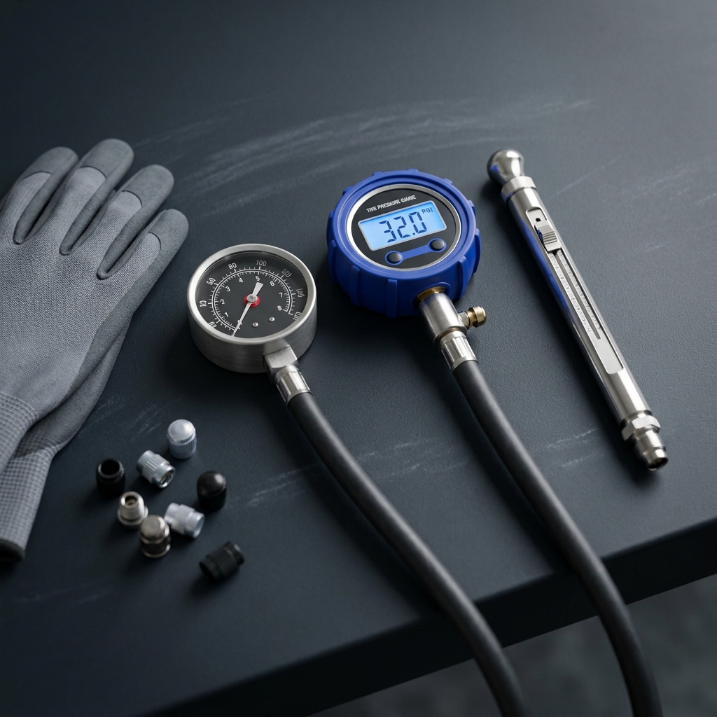 Tight overhead shot of three tire pressure gauges on a clean garage bench with a glove and valve caps in graphite and cobalt tones showing tools for