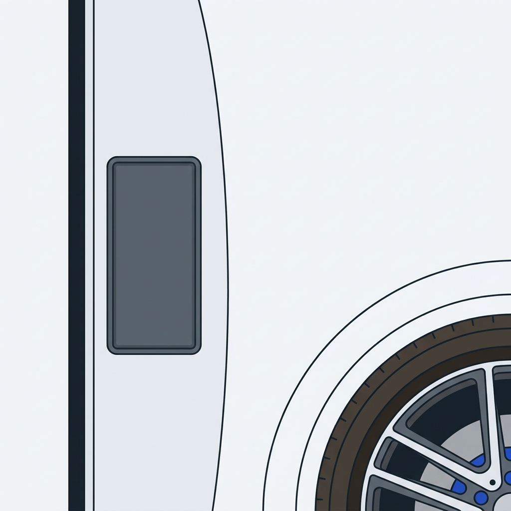 Minimalist 2D vector close up of a driver door jamb showing a blank Tire and Loading Information decal next to a parked car wheel, clean composition in Driven and Kept palette