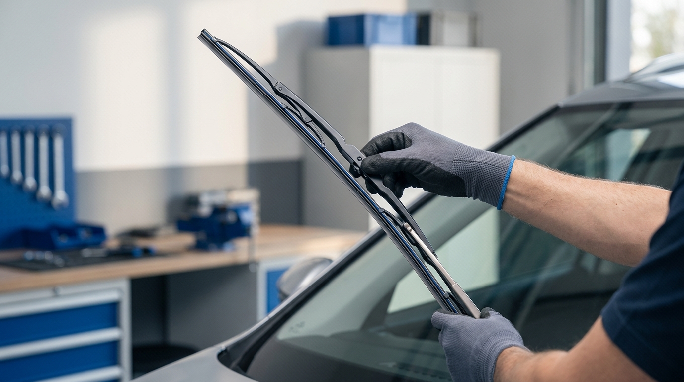 Close up of a technician replacing a windshield wiper blade on a modern car windshield hands visible in a clean workshop can i replace my windshield wipers myself