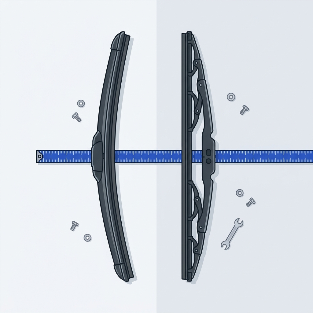 Can i replace my windshield wipers myself side by side 2D vector comparison of beam and bracket wiper blades on a chalk background measuring tape with tick marks no numbers graphite and cobalt accents