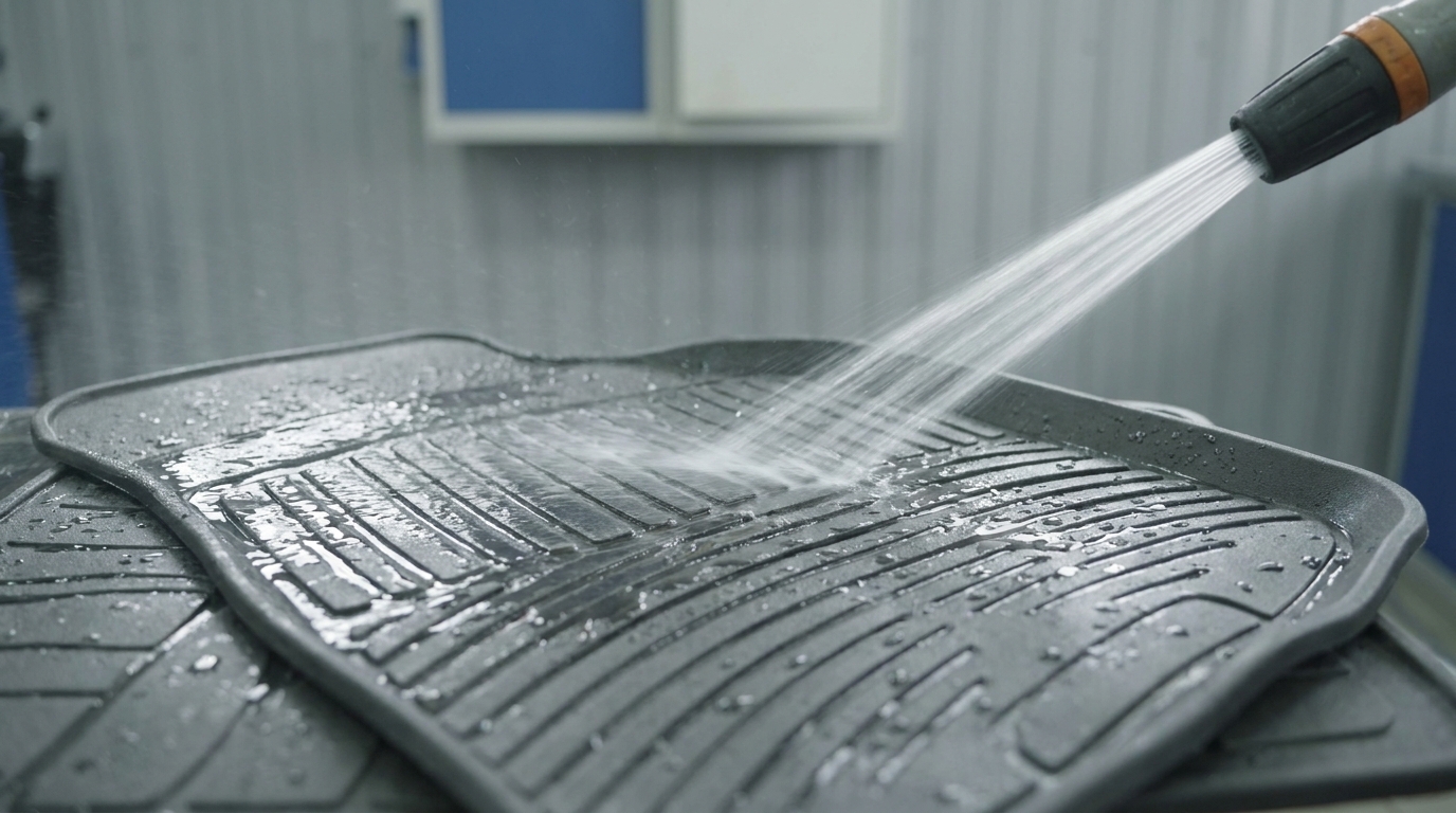 Close up of a clean rubber car floor mat being rinsed with a hose showing water droplets and wet texture shallow depth of field Chalk and Graphite tones what is the best thing to clean car floor mats with