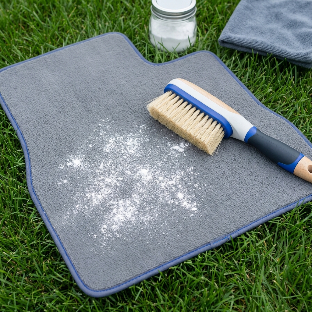 Top down view of a cloth car floor mat on grass with a soft bristle brush and light baking soda dusting minimalist car cleaning scene what is the best thing to clean car floor mats with