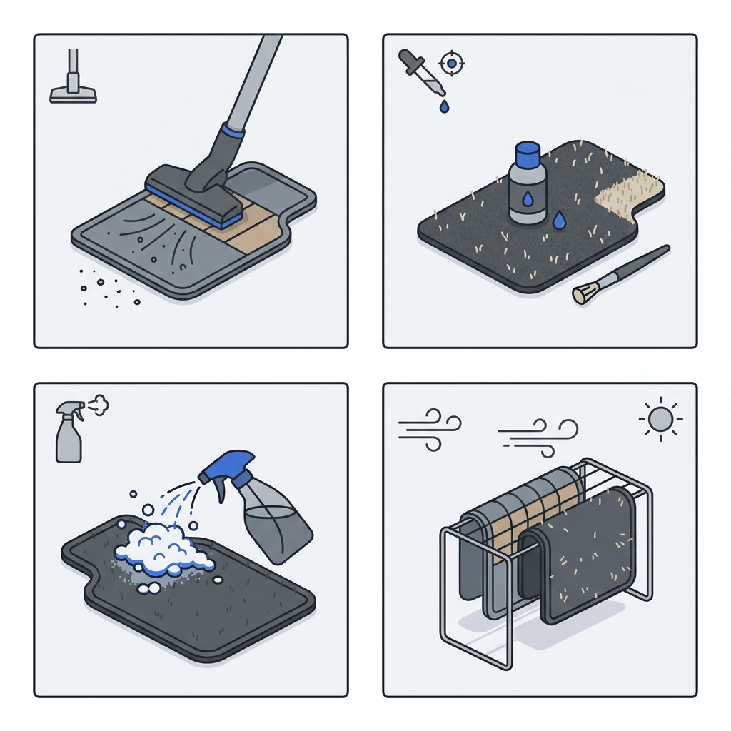 Minimal 2D vector four panel collage showing vacuuming spot testing foaming cleaner application and air drying of car floor mats in Driven and Kept graphite and cobalt palette what is the best thing to clean car floor mats with