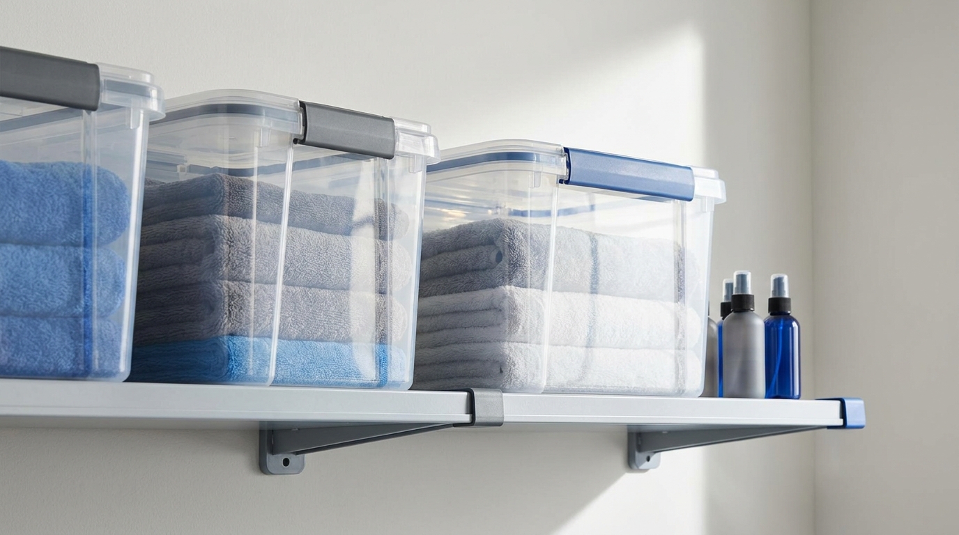 Close well lit photo of organized microfiber towels folded in lidded plastic bins on a garage shelf showing what is the best way to store microfiber towels