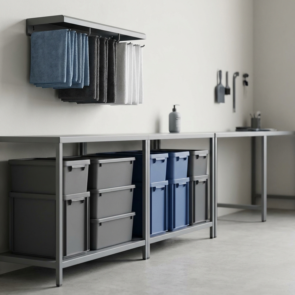 Stackable lidded storage containers and a hanging towel organizer with neatly folded microfiber towels in a clean detailing bay with graphite and cobalt accents what is the best way to store microfiber towels