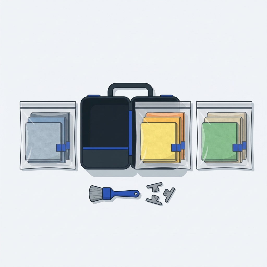 Top down 2D vector illustration of a mobile detailing kit with sealed zipper bags and neatly stacked microfiber towel sets beside a compact graphite and cobalt tool case showing what is the best way to store microfiber towels