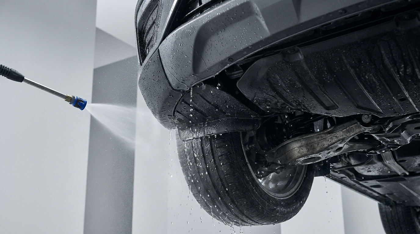Close up full frame photo of a car wheel well and undercarriage mid rinse with water spray and graphite and cobalt accents illustrating is it worth washing your car in the winter