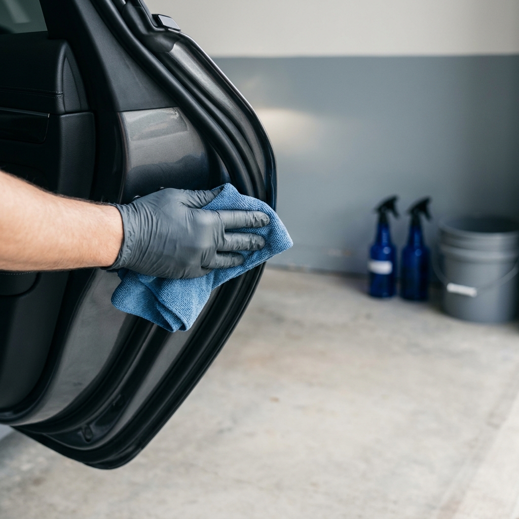 Hand wiping a dry car door jamb and rubber weatherstripping with a microfiber cloth in a minimalist graphite and cobalt palette is it worth washing your car in the winter