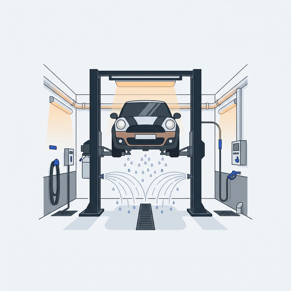 2D vector illustration of a heated professional wash bay showing a car on a lift with visible undercarriage spray in graphite and cobalt palette is it worth washing your car in the winter