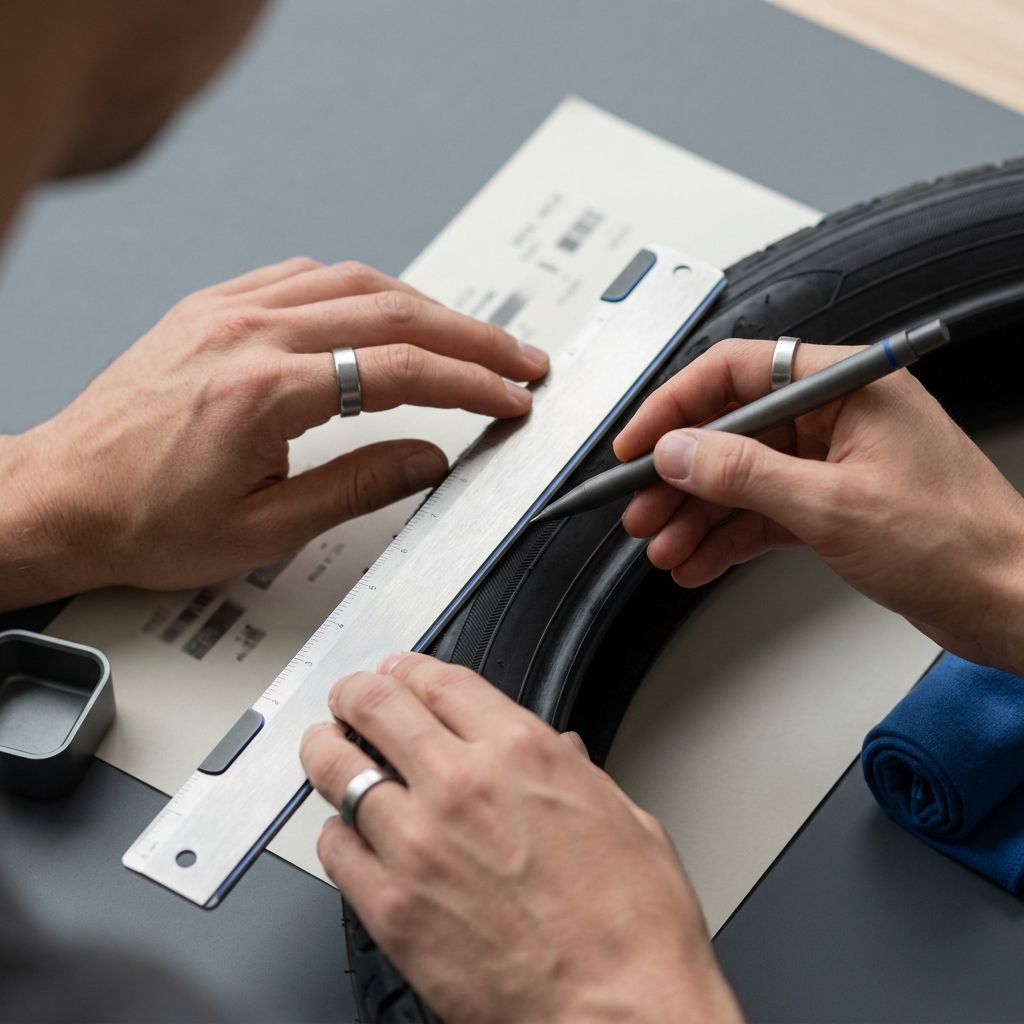 Close up of hands using a ruler and pen to calculate a blurred printed tire sidewall code on paper beside a visible tire rim with graphite and cobalt accents what does 70 mean on a tire