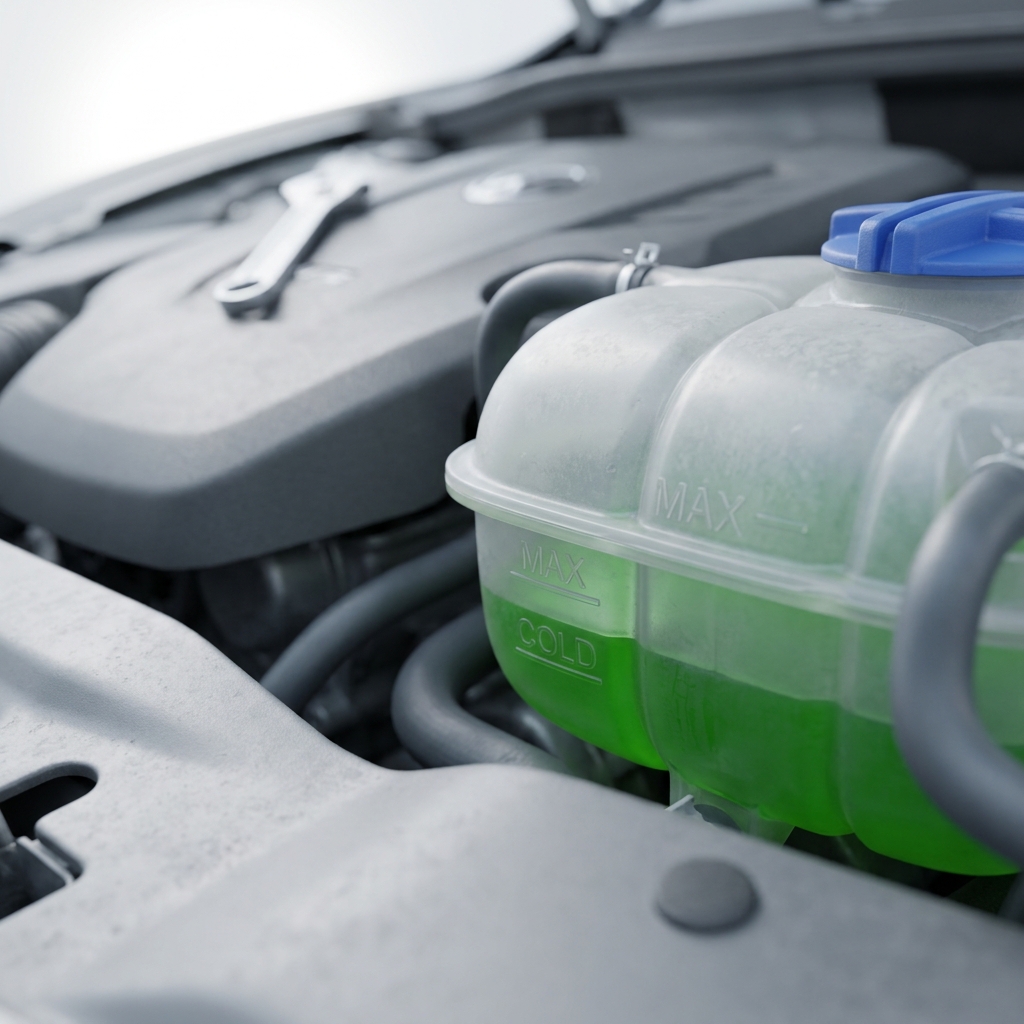 Close up translucent car coolant expansion tank in engine bay showing coolant level lines and embossed cold and max markers in graphite and cobalt tones should i add coolant to my car when it's hot or cold