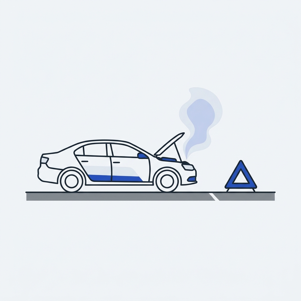 Minimal 2D vector of a car with open hood on a calm roadside showing a cooled engine with faint vapor and a red warning triangle at safe distance should i add coolant to my car when its hot or cold