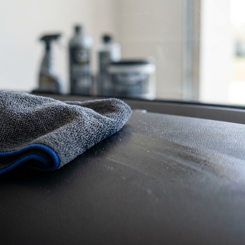 Macro image of a damp microfiber cloth wiping a textured plastic dashboard in soft natural light illustrating cleaning technique and materials what is a good cleaner for a car plastic dashboard